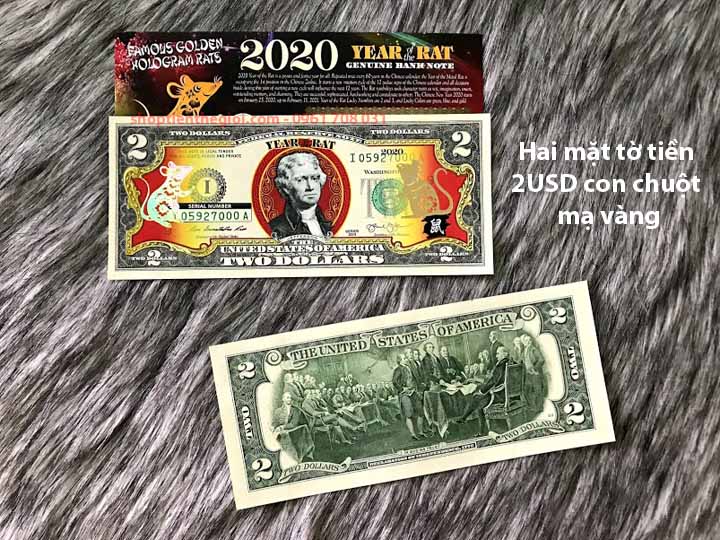 Hai mặt tờ tiền 2 usd con chuột mạ vàng